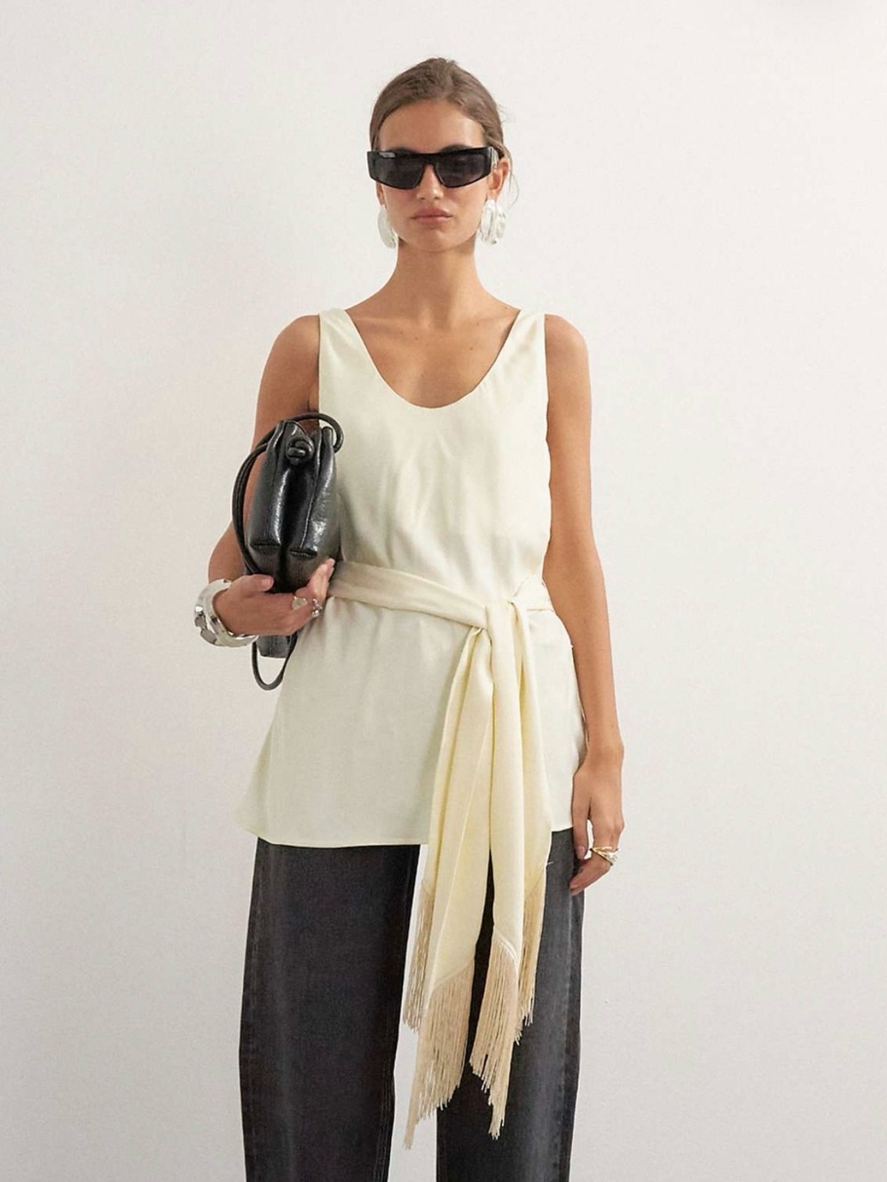 Topshop satin scoop neck cami with fringe detail tie in ivory
